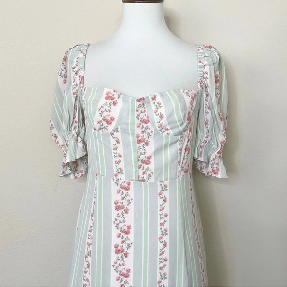 WeWoreWhat Sage Green Pink‎ Victorian Floral Stripe Puff Sleeve Corset Dress - Picture 8 of 15